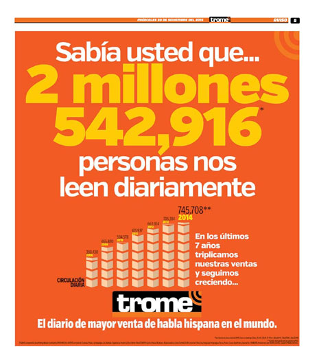 TROME. Mas de 2 Millones 500 mil Lectores. Tiene nuevas secciones. Se expande a mucho mas público - Publicamos avisos en Trome y Talan. Ojo y Correo