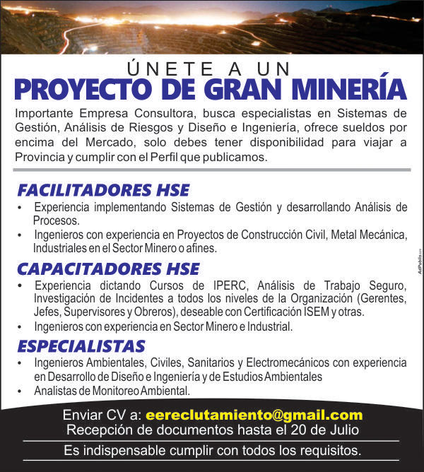 Aviso ENGINEERS & ENVIRONMENTAL PERU SA 1/4 de página 6x3 en Aptitus de El Comercio y Publimetro