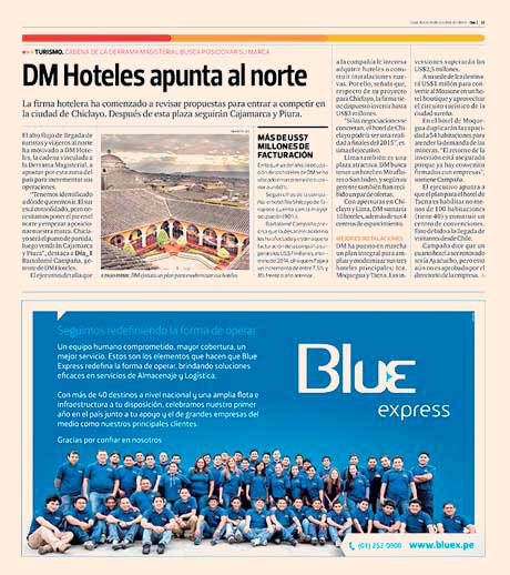 Media Pagina en Suplemento de Negocios Dia1 de El Comercio para BlueExpress